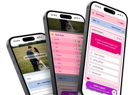 Three iphones showing various screens of the QuizYourGuests app