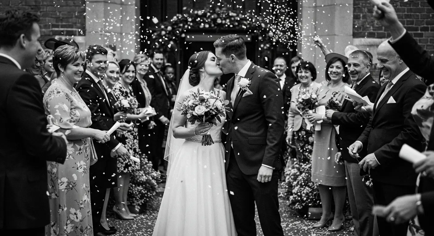 A photo of a wedding couple kissing between a group of guests
