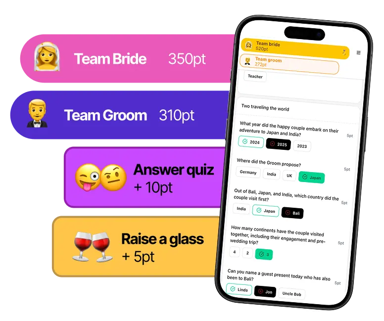 A screenshot of the app with various buttons showing the score of 'team bride' and 'team groom'